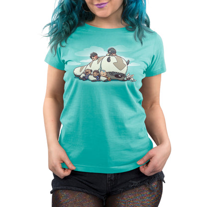 Premium Cotton T-shirt_TeeTurtle Caribbean blue Sleepy Gaang apparel featuring Aang, Katara, Sokka, Toph, Zuko and Momo from Avatar: The Last Airbender, all asleep and cuddling wtih Appa the Air Bison, who is also asleep, with a background of clouds. 