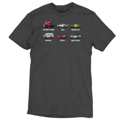 Premium Cotton T-shirt_TeeTurtle charcoal Autobots Vehicle Grid Premium Cotton T-shirt featuring the vehicle personas of Optimus Prime, Jazz, Bumblebee, Ratchet, Elita-1, and Wheeljack in a grid
