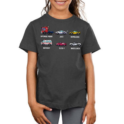 Premium Cotton T-shirt_TeeTurtle charcoal Autobots Vehicle Grid Premium Cotton T-shirt featuring the vehicle personas of Optimus Prime, Jazz, Bumblebee, Ratchet, Elita-1, and Wheeljack in a grid