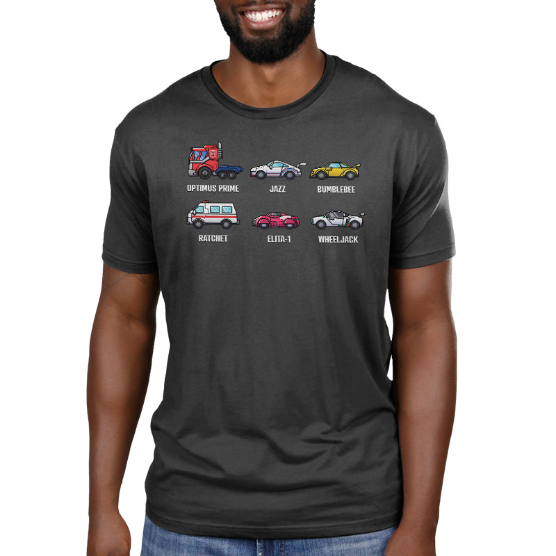 Premium Cotton T-shirt_TeeTurtle charcoal Autobots Vehicle Grid Premium Cotton T-shirt featuring the vehicle personas of Optimus Prime, Jazz, Bumblebee, Ratchet, Elita-1, and Wheeljack in a grid