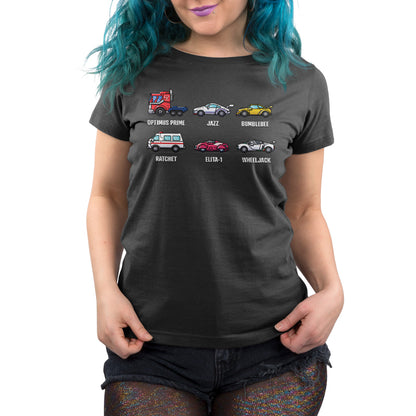 Premium Cotton T-shirt_TeeTurtle charcoal Autobots Vehicle Grid Premium Cotton T-shirt featuring the vehicle personas of Optimus Prime, Jazz, Bumblebee, Ratchet, Elita-1, and Wheeljack in a grid