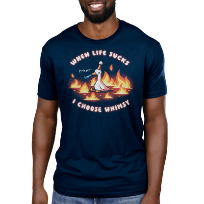 Premium Cotton T-shirt_TeeTurtle navy When Life Sucks I Choose Whimsy Premium Cotton T-shirt featuring a goose with a party hat and a noisemaker sitting surrounded by fire. The text reads "When Life Sucks I choose Whimsy" with "pweeeet" as the sound of the noisemaker. 