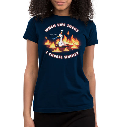 Premium Cotton T-shirt_TeeTurtle navy When Life Sucks I Choose Whimsy Premium Cotton T-shirt featuring a goose with a party hat and a noisemaker sitting surrounded by fire. The text reads "When Life Sucks I choose Whimsy" with "pweeeet" as the sound of the noisemaker. 