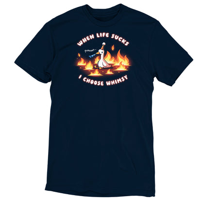 Premium Cotton T-shirt_TeeTurtle navy When Life Sucks I Choose Whimsy Premium Cotton T-shirt featuring a goose with a party hat and a noisemaker sitting surrounded by fire. The text reads "When Life Sucks I choose Whimsy" with "pweeeet" as the sound of the noisemaker. 