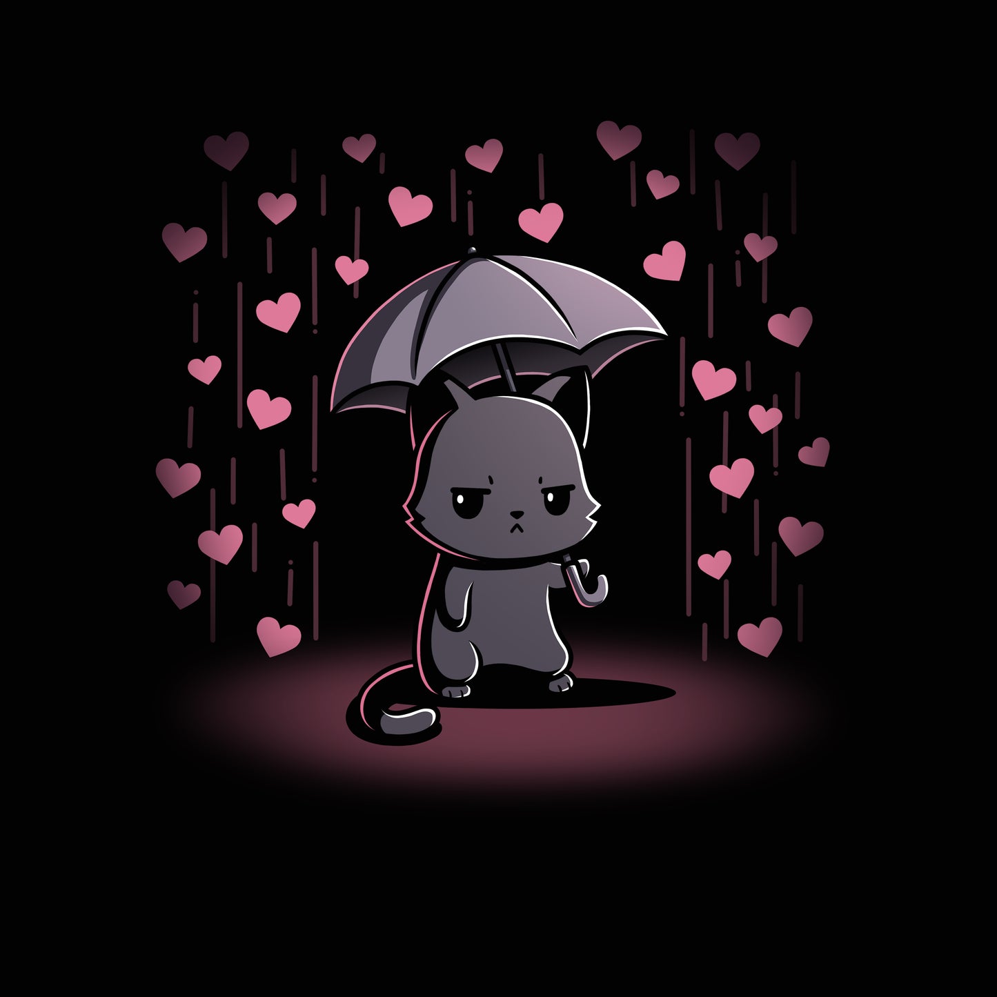 Premium Cotton T-shirt_TeeTurtle black Feeling Forecast Nope Premium Cotton T-shirt featuring a cat frowning and holding an umbrella, in the background there is pink rain with hearts.