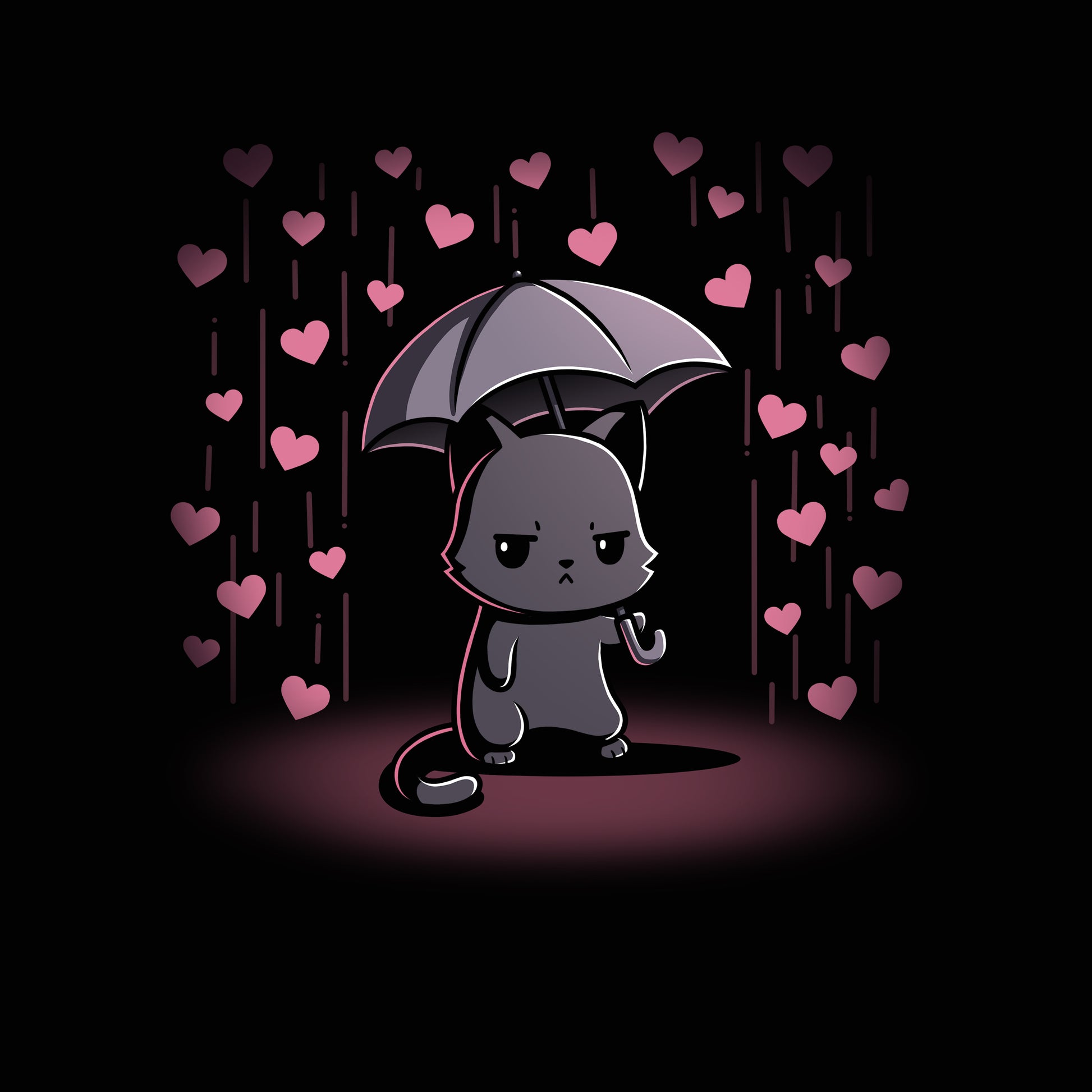 Premium Cotton T-shirt_TeeTurtle black Feeling Forecast Nope Premium Cotton T-shirt featuring a cat frowning and holding an umbrella, in the background there is pink rain with hearts.