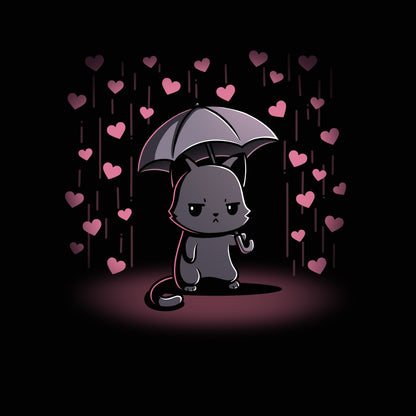 Premium Cotton T-shirt_TeeTurtle black Feeling Forecast Nope Premium Cotton T-shirt featuring a cat frowning and holding an umbrella, in the background there is pink rain with hearts.