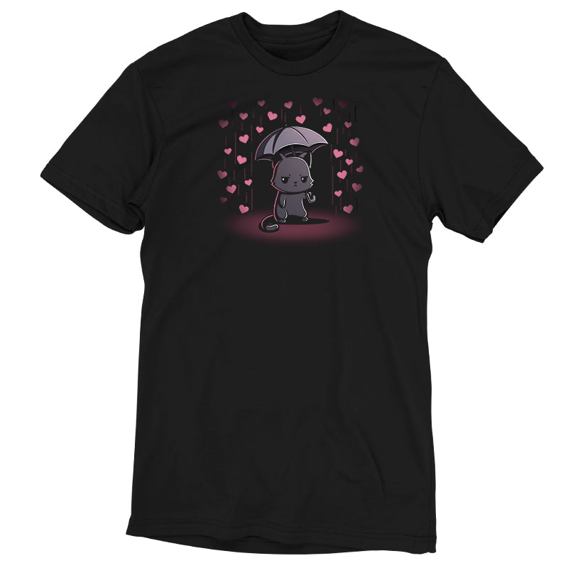 Premium Cotton T-shirt_TeeTurtle black Feeling Forecast Nope Premium Cotton T-shirt featuring a cat frowning and holding an umbrella, in the background there is pink rain with hearts.