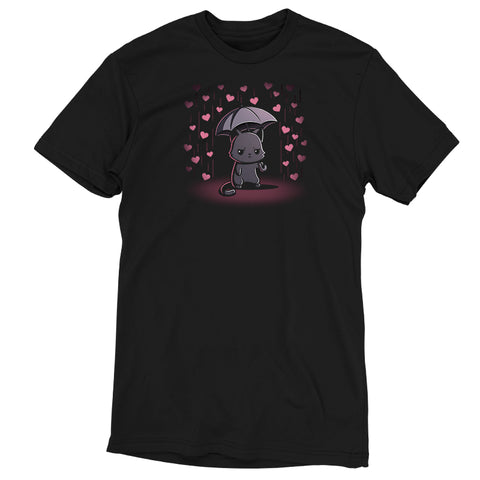 Premium Cotton T-shirt_TeeTurtle black Feeling Forecast Nope Premium Cotton T-shirt featuring a cat frowning and holding an umbrella, in the background there is pink rain with hearts.