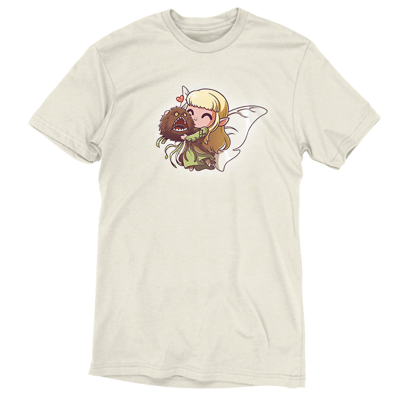 Premium Cotton T-shirt_TeeTurtle natural heather Flying Kira & Critter apparel featuring a flying Kira holding onto a screaming fizzgig with a little heart bubble in between them.