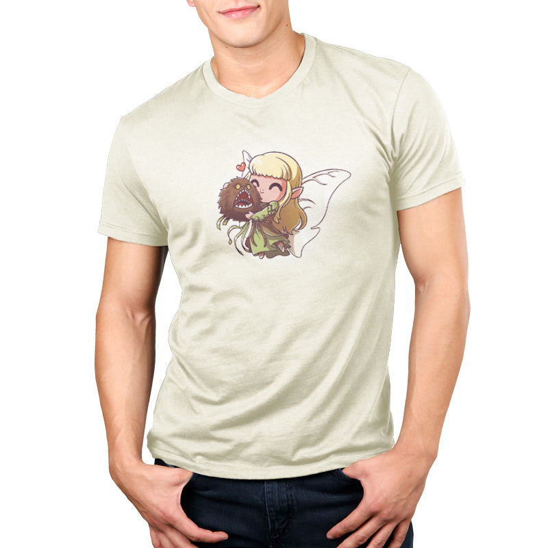 Premium Cotton T-shirt_TeeTurtle natural heather Flying Kira & Critter apparel featuring a flying Kira holding onto a screaming fizzgig with a little heart bubble in between them.