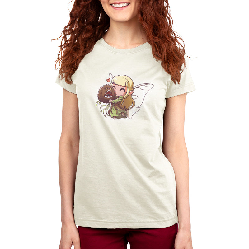 Premium Cotton T-shirt_TeeTurtle natural heather Flying Kira & Critter apparel featuring a flying Kira holding onto a screaming fizzgig with a little heart bubble in between them.