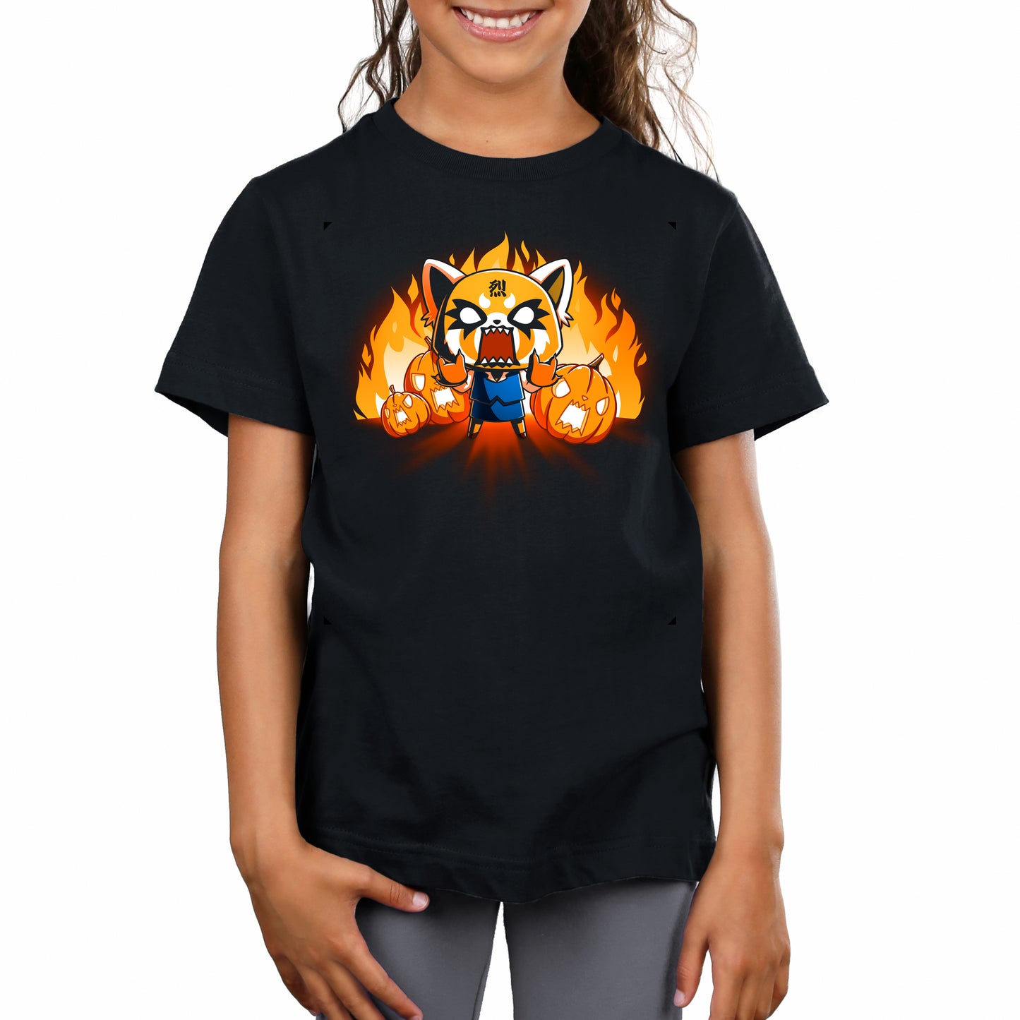 Premium Cotton T-shirt_TeeTurtle black Aggretsuko's Happy Halloween apparel featuring an enraged Aggretsuko with her paws in a Rumic sign pose with angry jack-o-lanterns and flames in the background.