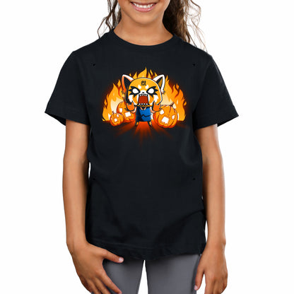 Premium Cotton T-shirt_TeeTurtle black Aggretsuko's Happy Halloween apparel featuring an enraged Aggretsuko with her paws in a Rumic sign pose with angry jack-o-lanterns and flames in the background.