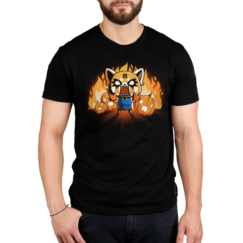 Premium Cotton T-shirt_TeeTurtle black Aggretsuko's Happy Halloween apparel featuring an enraged Aggretsuko with her paws in a Rumic sign pose with angry jack-o-lanterns and flames in the background.