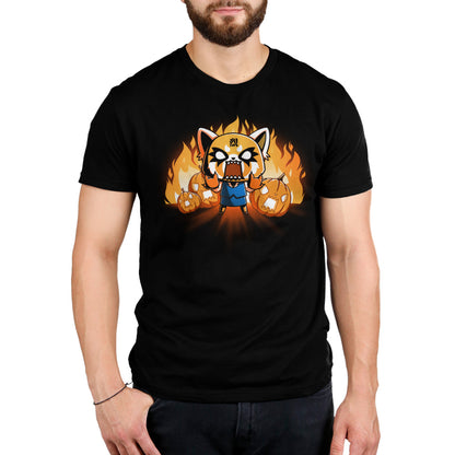 Premium Cotton T-shirt_TeeTurtle black Aggretsuko's Happy Halloween apparel featuring an enraged Aggretsuko with her paws in a Rumic sign pose with angry jack-o-lanterns and flames in the background.