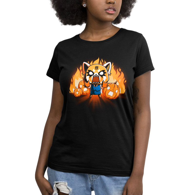 Premium Cotton T-shirt_TeeTurtle black Aggretsuko's Happy Halloween apparel featuring an enraged Aggretsuko with her paws in a Rumic sign pose with angry jack-o-lanterns and flames in the background.