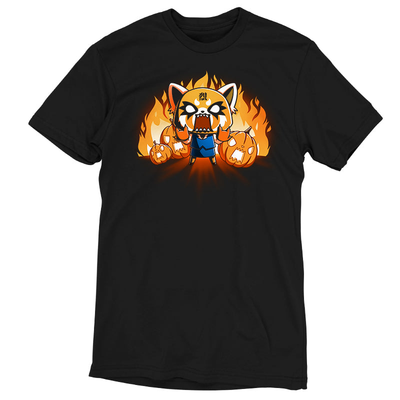 Premium Cotton T-shirt_TeeTurtle black Aggretsuko's Happy Halloween apparel featuring an enraged Aggretsuko with her paws in a Rumic sign pose with angry jack-o-lanterns and flames in the background.