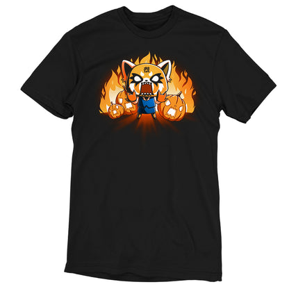 Premium Cotton T-shirt_TeeTurtle black Aggretsuko's Happy Halloween apparel featuring an enraged Aggretsuko with her paws in a Rumic sign pose with angry jack-o-lanterns and flames in the background.