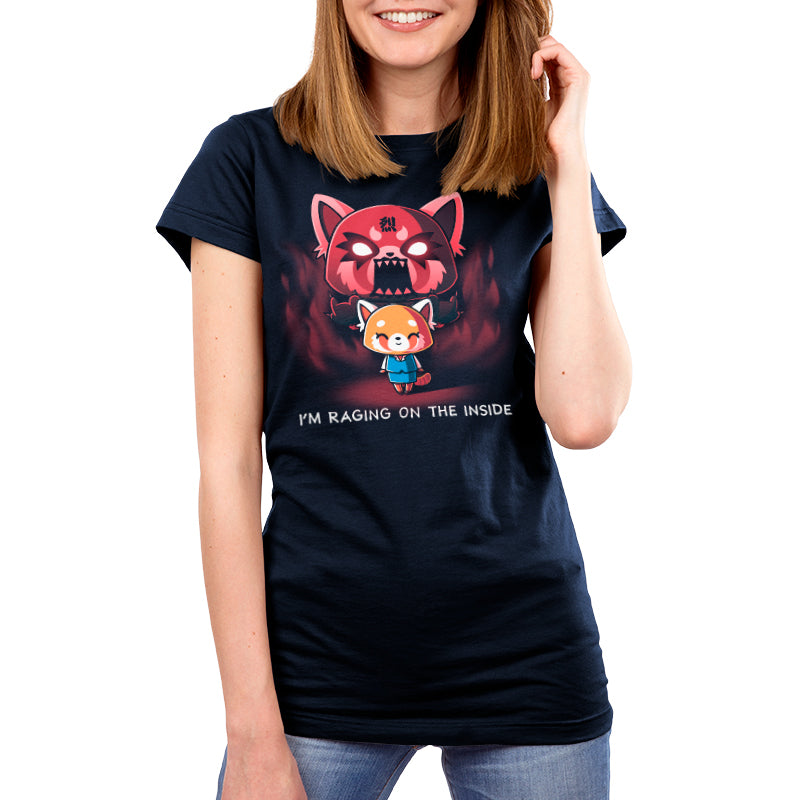 Premium Cotton T-shirt_TeeTurtle navy blue I'm Raging on the Inside apparel featuring a smiling Retsuko from Aggretsuko with an enraged red Retsuko and red flames in the background, and the caption, "I'm Raging on the Inside".