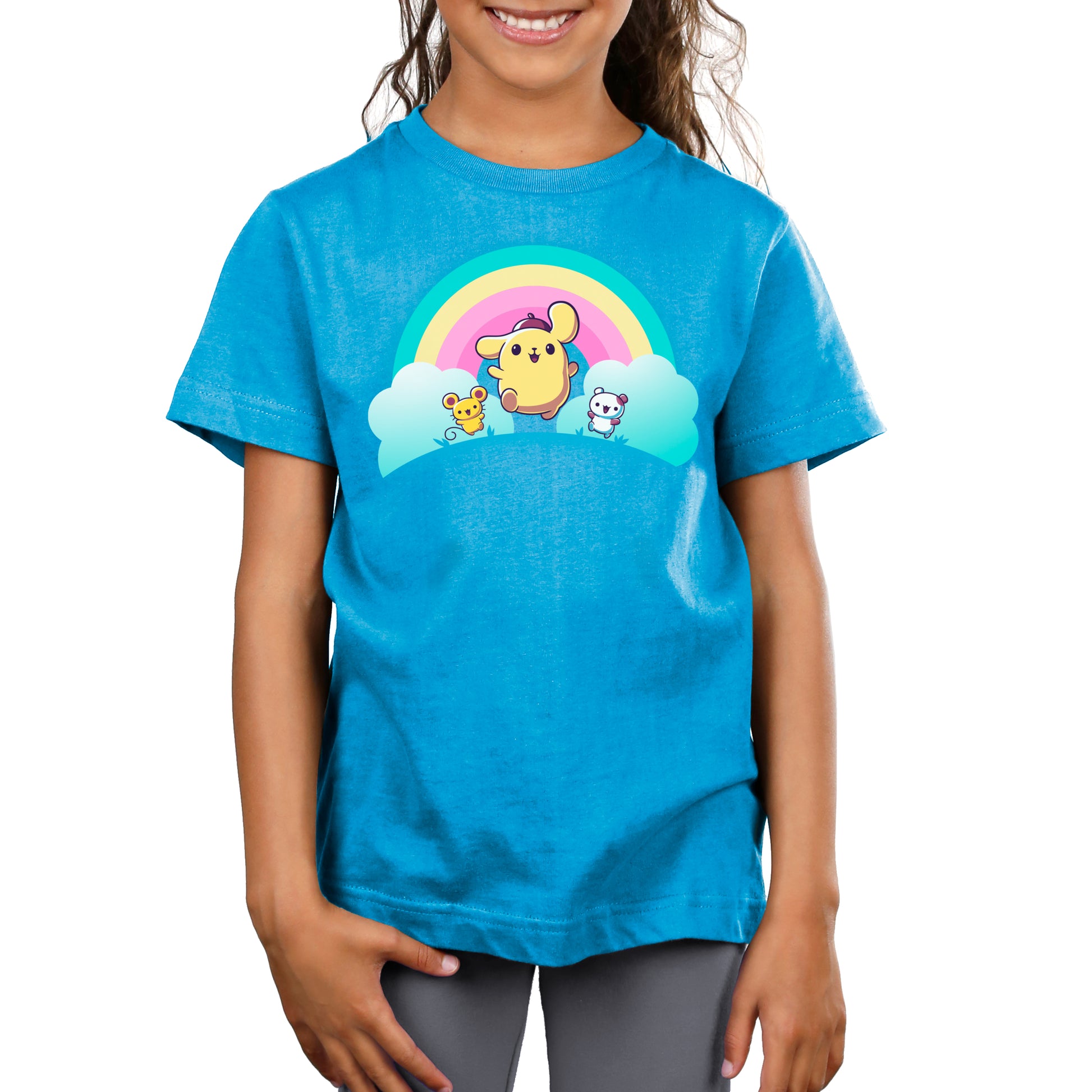 Premium Cotton T-shirt_TeeTurtle cobalt blue Pompompurin, Scone, and Muffin apparel featuring Pompompurin, Scone, and Muffin skipping on a field with a rainbow that has clouds at its ends in the background.