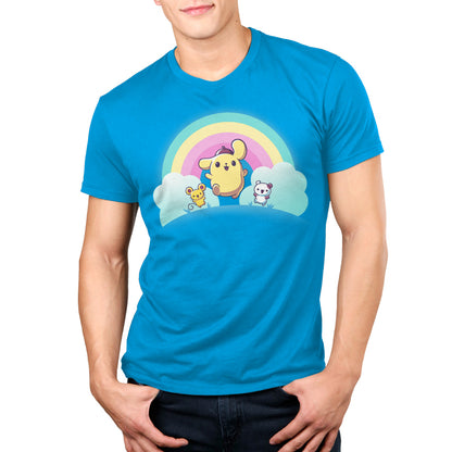 Premium Cotton T-shirt_TeeTurtle cobalt blue Pompompurin, Scone, and Muffin apparel featuring Pompompurin, Scone, and Muffin skipping on a field with a rainbow that has clouds at its ends in the background.