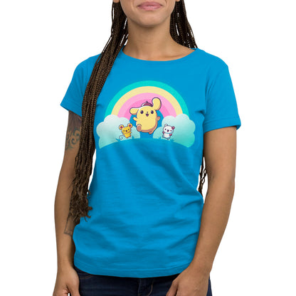 Premium Cotton T-shirt_TeeTurtle cobalt blue Pompompurin, Scone, and Muffin apparel featuring Pompompurin, Scone, and Muffin skipping on a field with a rainbow that has clouds at its ends in the background.