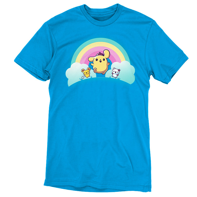 Premium Cotton T-shirt_TeeTurtle cobalt blue Pompompurin, Scone, and Muffin apparel featuring Pompompurin, Scone, and Muffin skipping on a field with a rainbow that has clouds at its ends in the background.