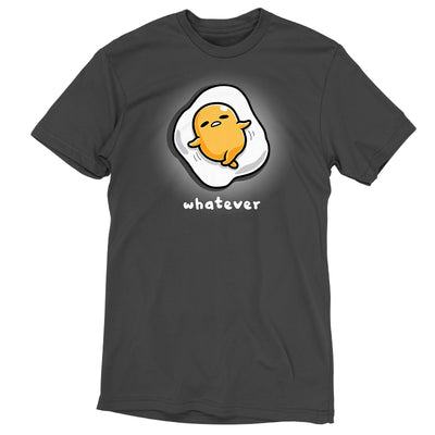 Premium Cotton T-shirt_TeeTurtle charcoal gray Whatever apparel featuring Gudetama with a tired expression lying down as an egg yolk on top of an egg white.