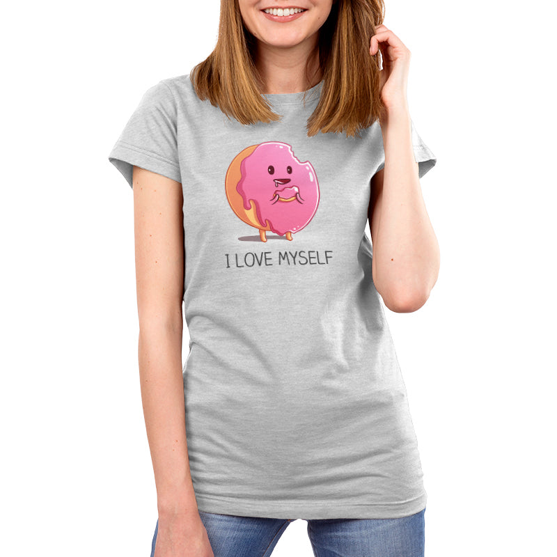 Premium Cotton T-shirt_Teeturtle I Love Myself Garnet Featuring a cute cartoon frosted pink donut holding a piece of itself its been eating with 'I Love Myself' written underneath.