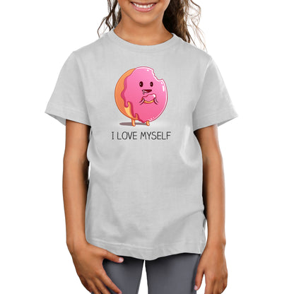 Premium Cotton T-shirt_Teeturtle I Love Myself Garnet Featuring a cute cartoon frosted pink donut holding a piece of itself its been eating with 'I Love Myself' written underneath.