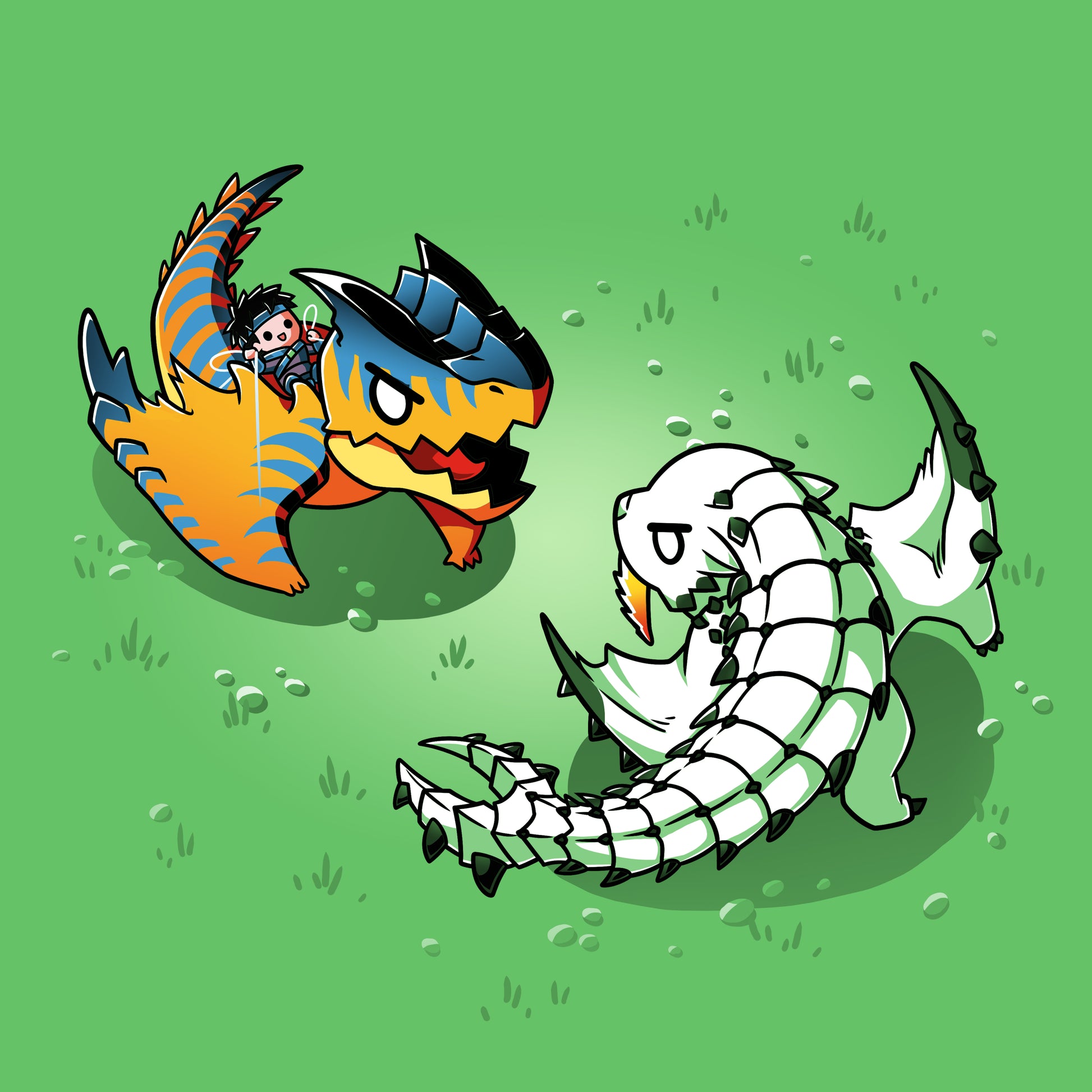 Premium Cotton T-shirt_TeeTurtle apple green Monster Battle apparel featuring Tigrex and Barioth circling each other in a grassy field, preparing to fight.