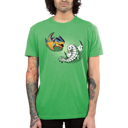 Premium Cotton T-shirt_TeeTurtle apple green Monster Battle apparel featuring Tigrex and Barioth circling each other in a grassy field, preparing to fight.