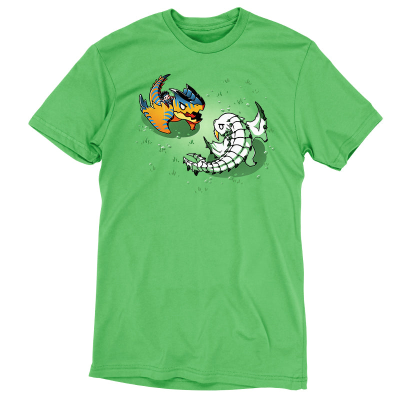 Premium Cotton T-shirt_TeeTurtle apple green Monster Battle apparel featuring Tigrex and Barioth circling each other in a grassy field, preparing to fight.