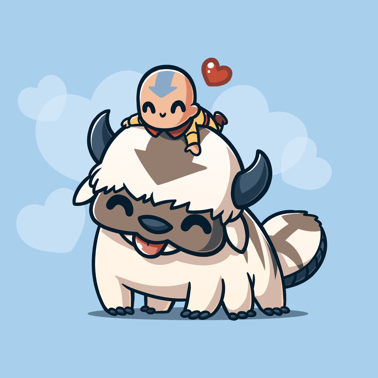 Premium Cotton T-shirt_TeeTurtle light blue BFFs (Aang and Appa) apparel featuring a happy Aang resting on a happy Appa’s head with a red heart above them and light blue hearts in the background.