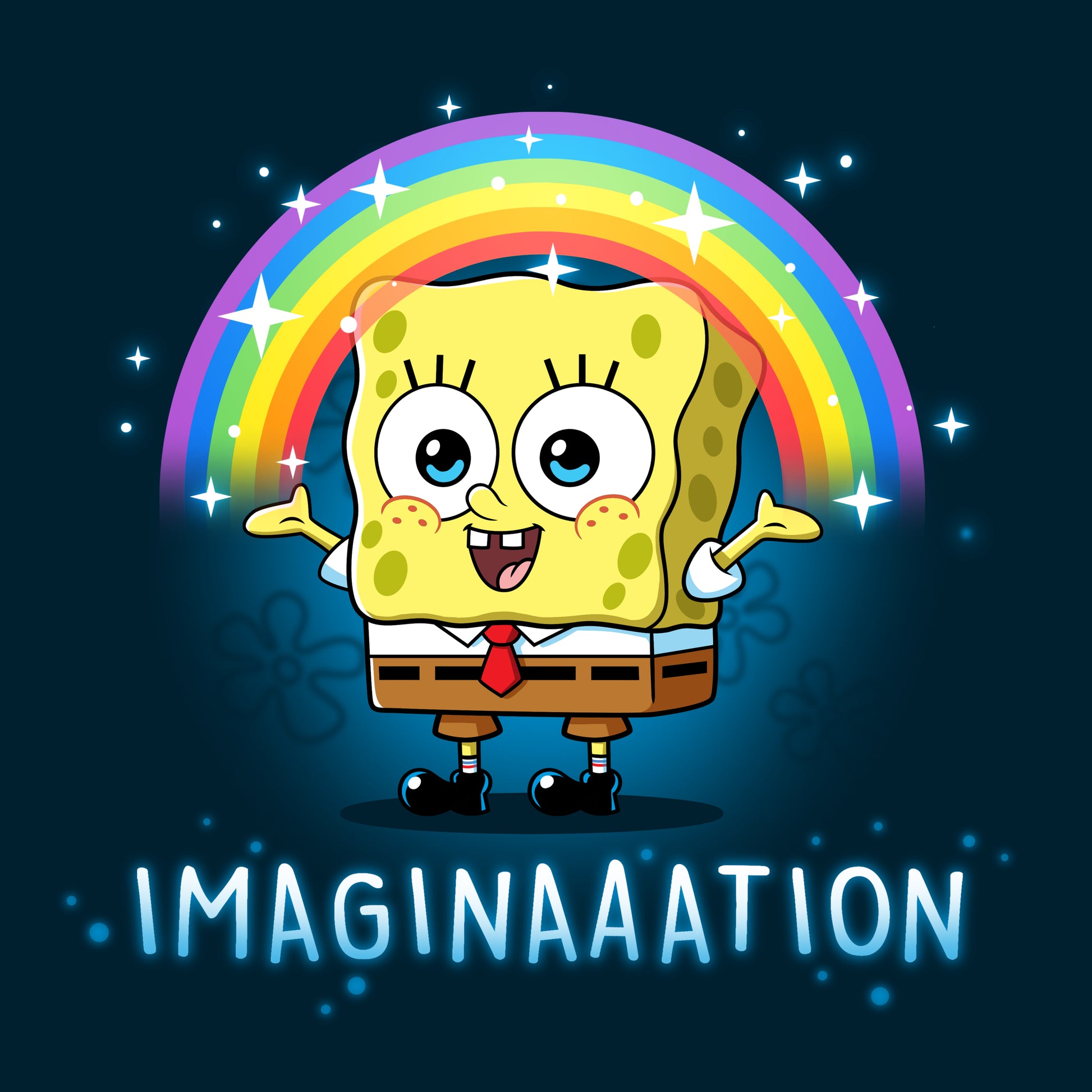 Premium Cotton T-shirt_TeeTurtle navy blue Imagination apparel featuring Spongebob Squarepants with his arms spread, and a rainbow above his head.