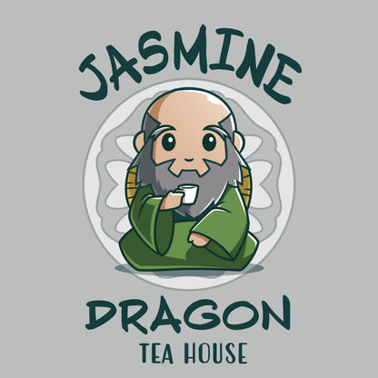 Premium Cotton T-shirt_TeeTurtle silver gray Jasmine Dragon Tea House apparel featuring Iroh holding a teacup.