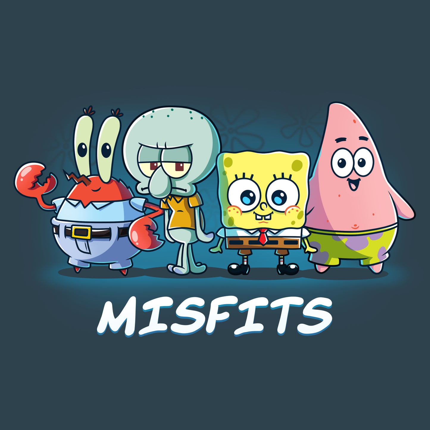 Premium Cotton T-shirt_TeeTurtle denim blue Misfits apparel featuring Mr. Krabs, Squidward Tentacles, SpongeBob SquarePants, and Patrick Star standing in a line.