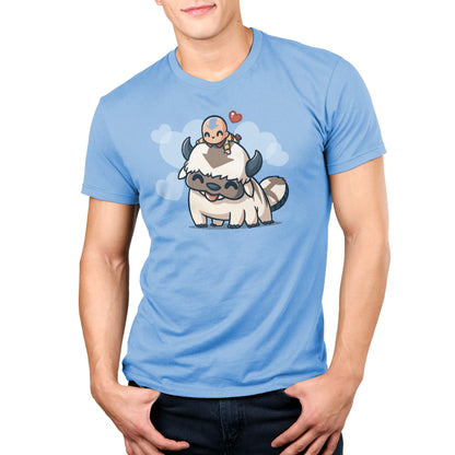 Premium Cotton T-shirt_TeeTurtle light blue BFFs (Aang and Appa) apparel featuring a happy Aang resting on a happy Appa’s head with a red heart above them and light blue hearts in the background.