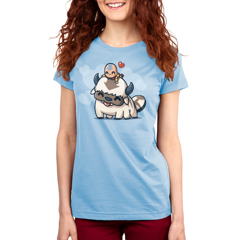 Premium Cotton T-shirt_TeeTurtle light blue BFFs (Aang and Appa) apparel featuring a happy Aang resting on a happy Appa’s head with a red heart above them and light blue hearts in the background.