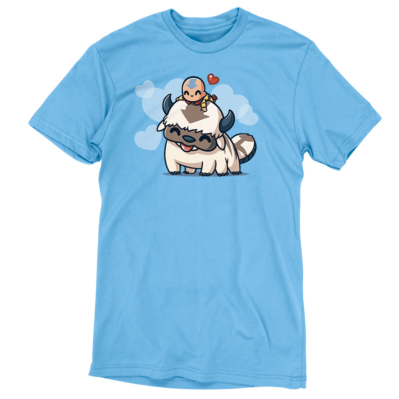 Premium Cotton T-shirt_TeeTurtle light blue BFFs (Aang and Appa) apparel featuring a happy Aang resting on a happy Appa’s head with a red heart above them and light blue hearts in the background.