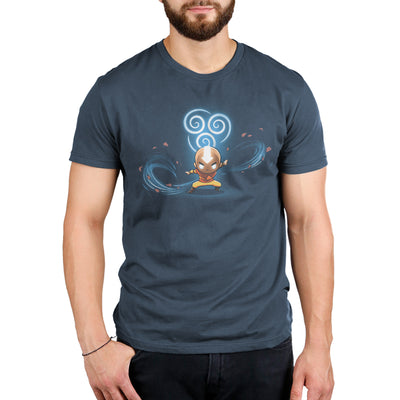 Premium Cotton T-shirt_TeeTurtle denim blue Air Nomads apparel featuring Aang in Avatar state with the air symbol and swirling winds in the background.