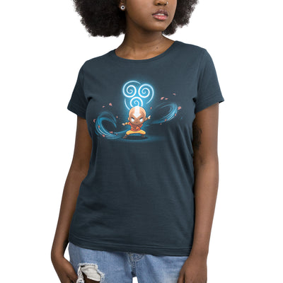 Premium Cotton T-shirt_TeeTurtle denim blue Air Nomads apparel featuring Aang in Avatar state with the air symbol and swirling winds in the background.