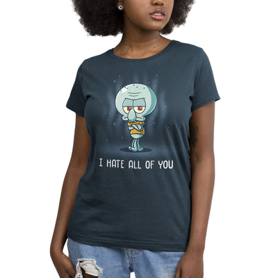 Premium Cotton T-shirt_TeeTurtle denim blue I Hate All of You apparel featuring a grumpy Squidward Tentacles with his arms crossed.