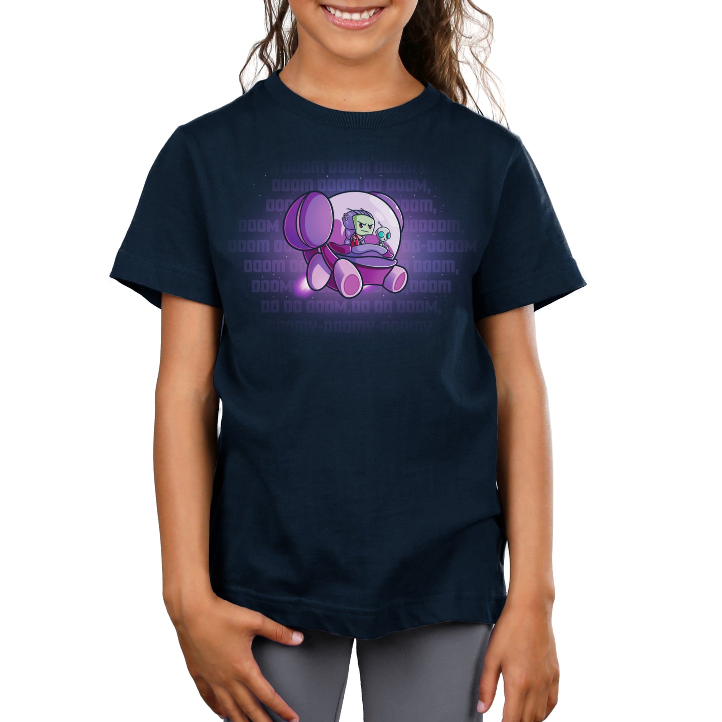 Premium Cotton T-shirt_TeeTurtle navy blue The Doom Song apparel featuring Invader Zim and Gir in a spaceship with Gir singing the Doom Song.