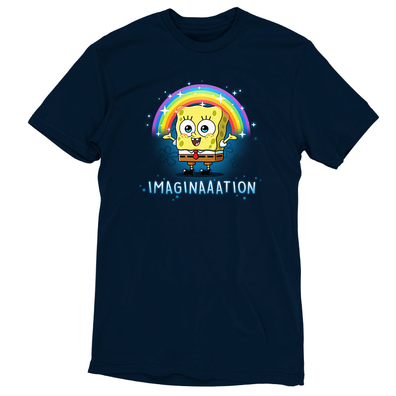 Premium Cotton T-shirt_TeeTurtle navy blue Imagination apparel featuring Spongebob Squarepants with his arms spread, and a rainbow above his head.