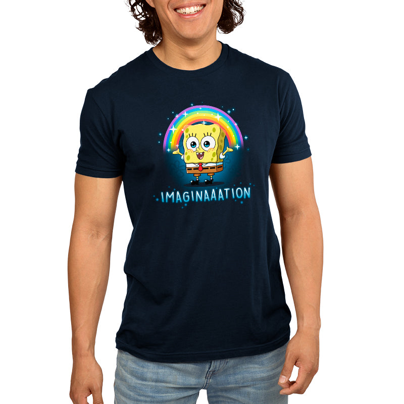 Premium Cotton T-shirt_TeeTurtle navy blue Imagination apparel featuring Spongebob Squarepants with his arms spread, and a rainbow above his head.