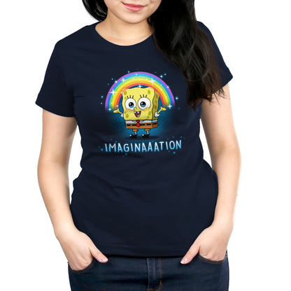 Premium Cotton T-shirt_TeeTurtle navy blue Imagination apparel featuring Spongebob Squarepants with his arms spread, and a rainbow above his head.