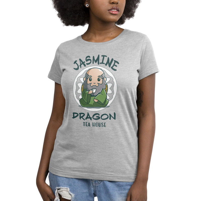 Premium Cotton T-shirt_TeeTurtle silver gray Jasmine Dragon Tea House apparel featuring Iroh holding a teacup.