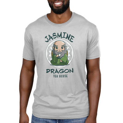Premium Cotton T-shirt_TeeTurtle silver gray Jasmine Dragon Tea House apparel featuring Iroh holding a teacup.
